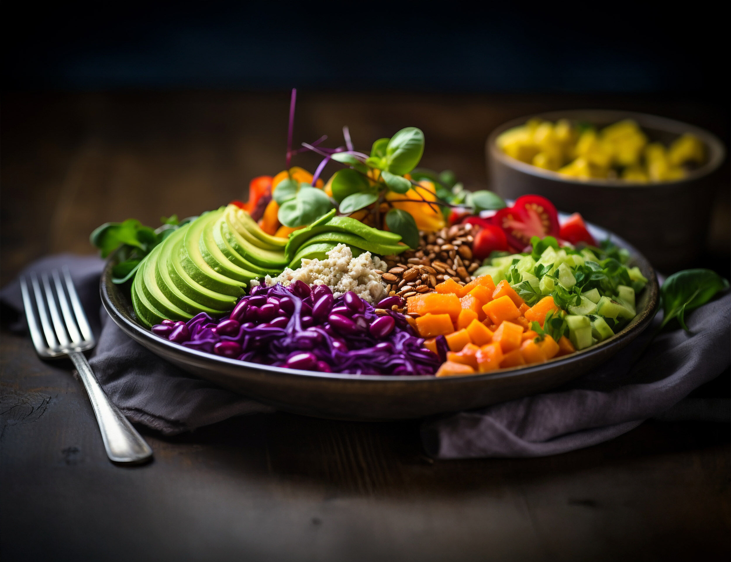 Colorful healthy Buddha bowl with sliced avocado, purple cabbage, diced vegetables, seeds, and grains on a dark wooden table.